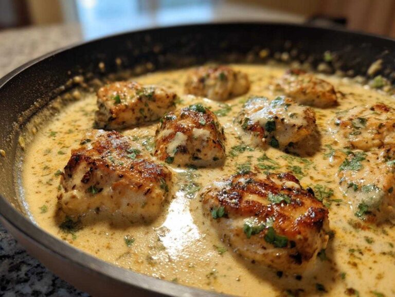 Close-up of seared chicken pieces simmering in a rich, creamy coconut lime chicken sauce garnished with fresh herbs.