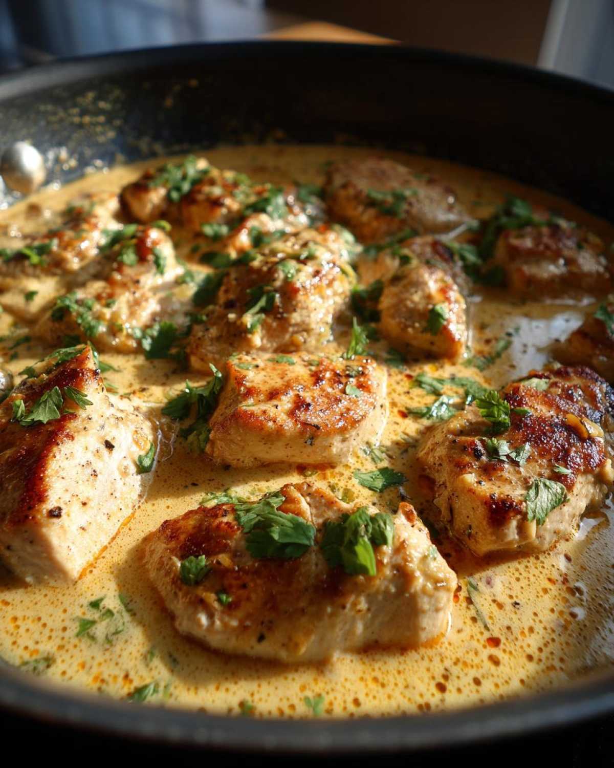 Close-up of seared chicken pieces simmering in a creamy coconut lime chicken sauce, garnished with fresh parsley.