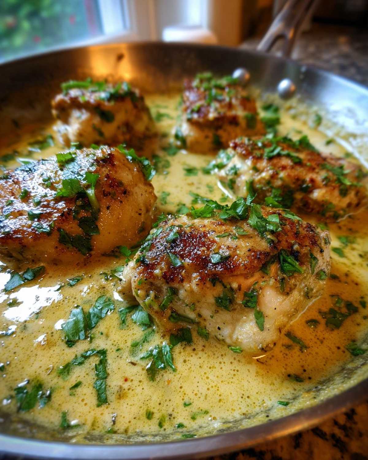 Close-up of pan-seared coconut lime chicken pieces simmering in a creamy, yellow sauce and topped with fresh parsley.