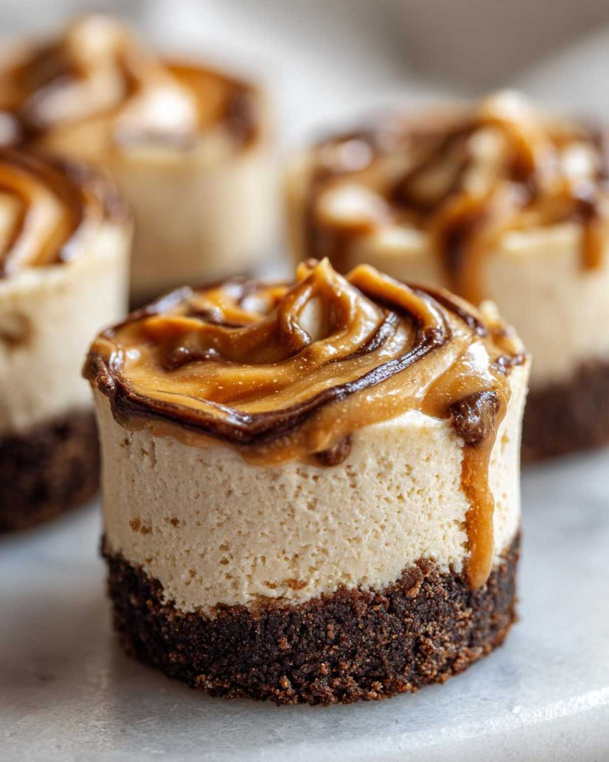 A close-up of one of the delicious cookie butter cheesecake cups, featuring a dark crust and a creamy filling topped with swirled caramel.