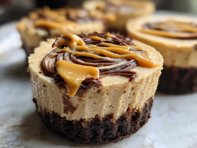 A close-up of one of the cookie butter cheesecake cups showing the cookie crust, creamy filling, and caramel drizzle topping.