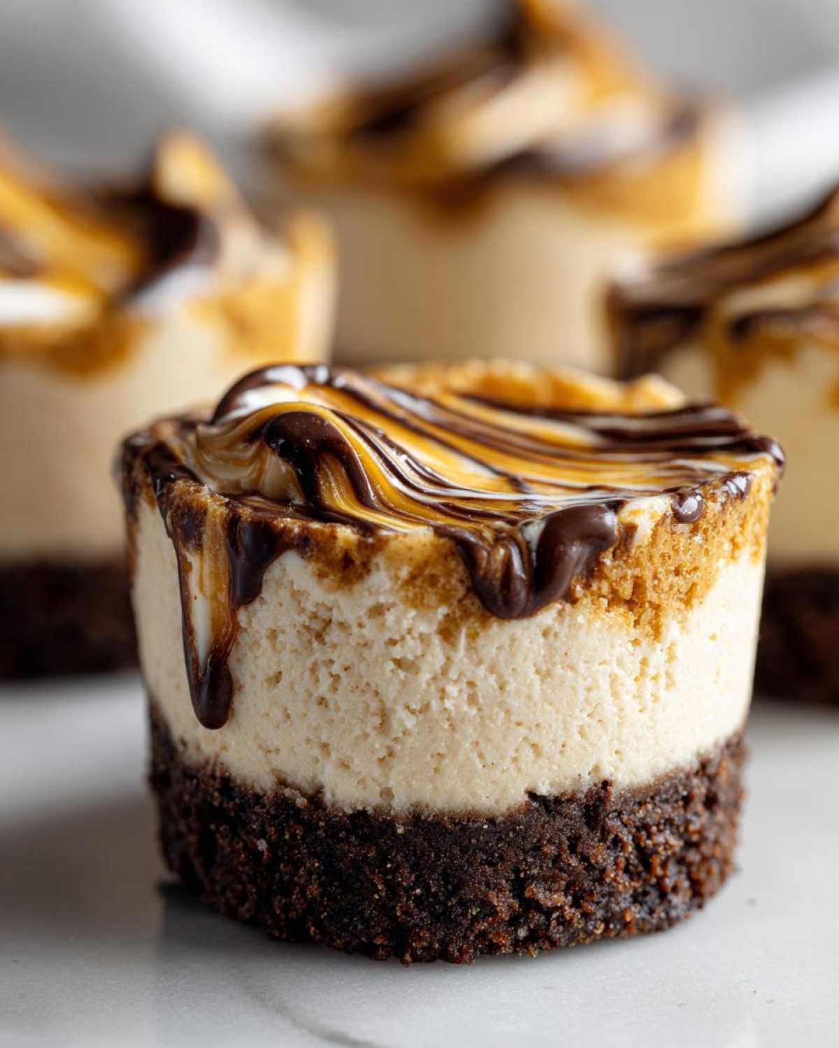 A single, decadent cookie butter cheesecake cup with a dark crust, topped with a swirl of cookie butter and chocolate ganache.