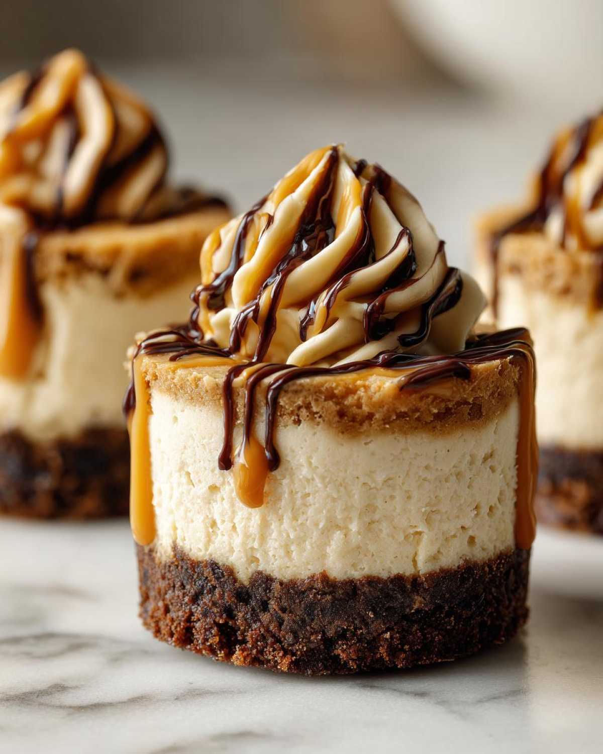 A single, decadent cookie butter cheesecake cup topped with piped frosting, caramel, and chocolate drizzle.