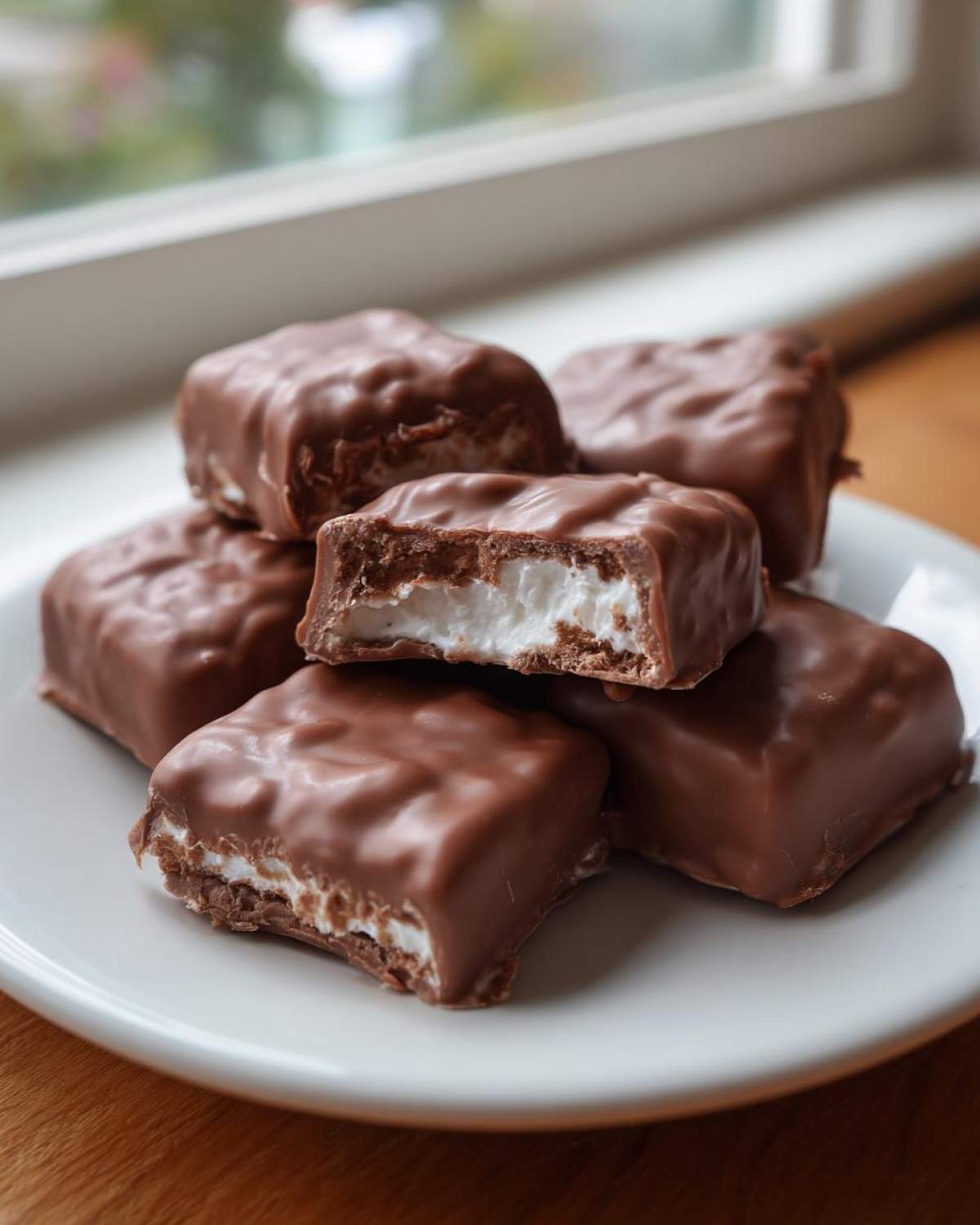 A stack of homemade chocolate-covered Cool Whip candy bars, one cut open showing the white filling.
