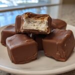 Close-up of several chocolate-covered cool whip candy pieces stacked on a white plate, one is bitten open.