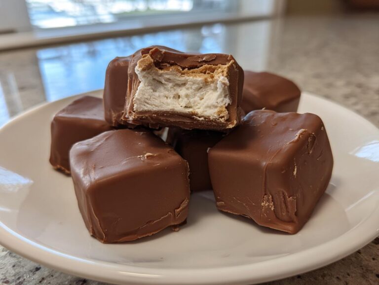 Close-up of several chocolate-covered cool whip candy pieces stacked on a white plate, one is bitten open.