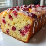 Close-up of a freshly baked cranberry orange cake loaf, drizzled with white citrus glaze and topped with whole cranberries.