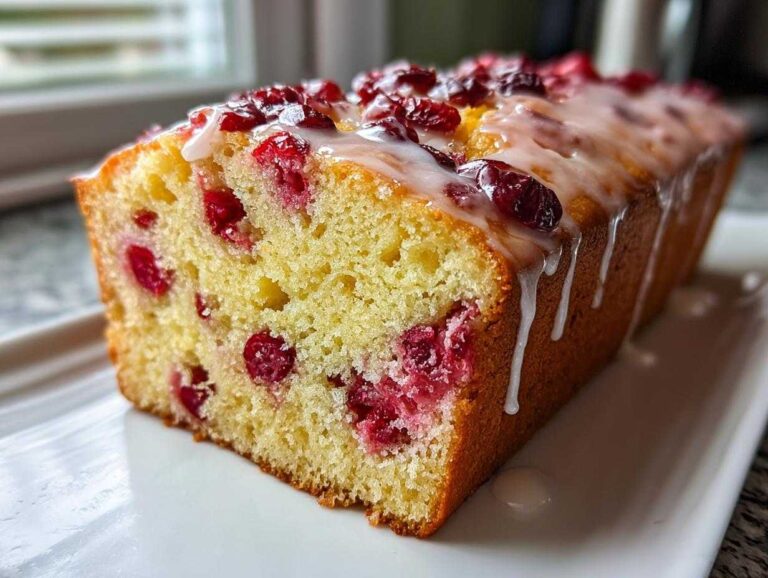 Close-up of a freshly baked cranberry orange cake loaf, drizzled with white citrus glaze and topped with whole cranberries.
