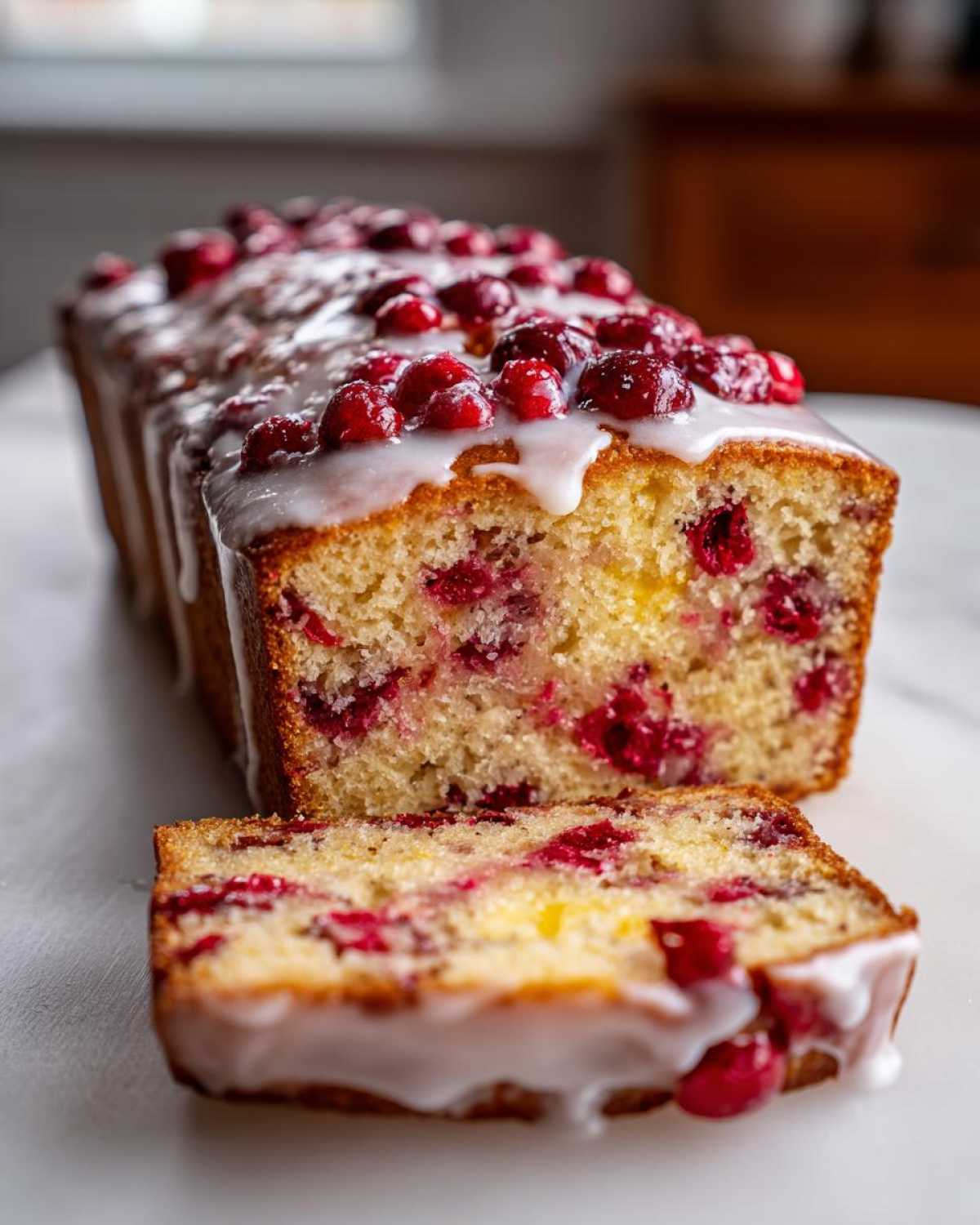 A loaf of cranberry orange cake, sliced, topped with white glaze and fresh cranberries.
