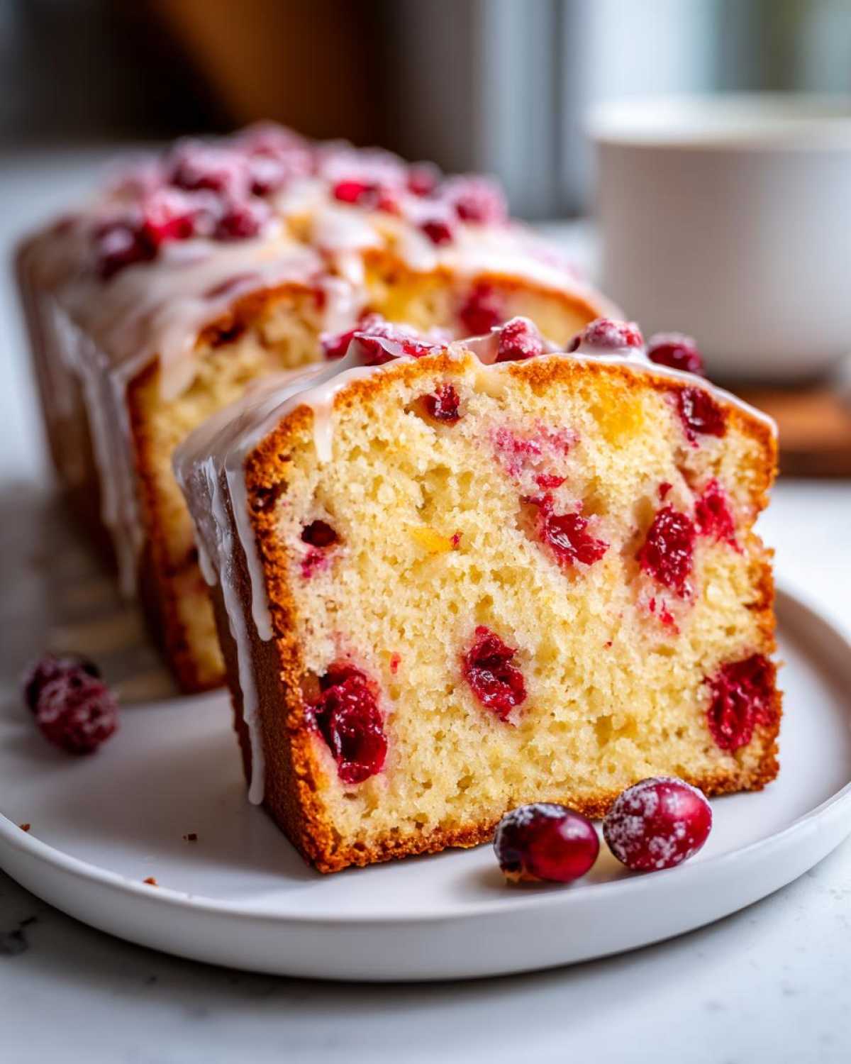 Close-up of a moist slice of cranberry orange cake topped with white glaze and fresh cranberries.