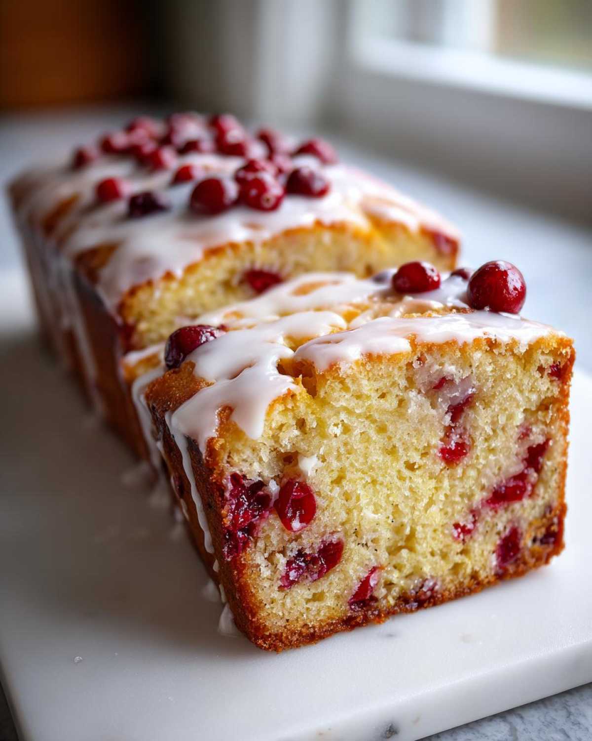 Close-up of a sliced cranberry orange cake loaf topped with white glaze and fresh cranberries.