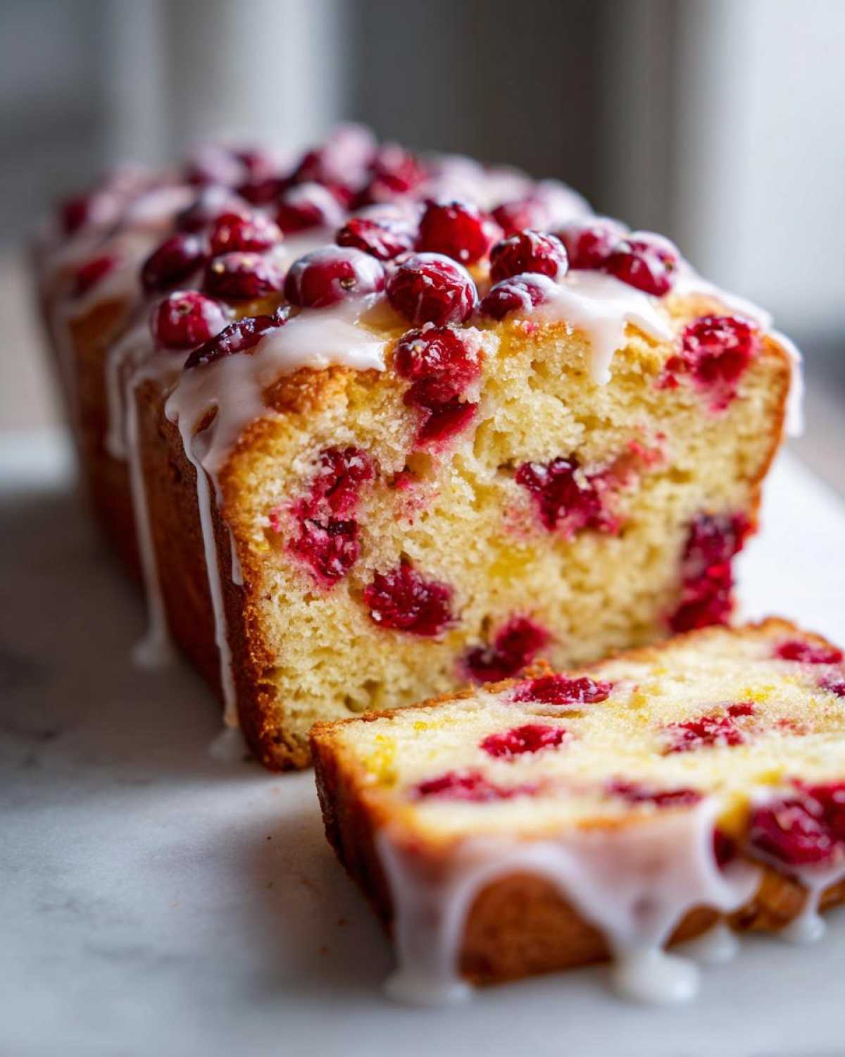Close-up of a sliced cranberry orange cake loaf topped with whole cranberries and a white glaze dripping down the sides.