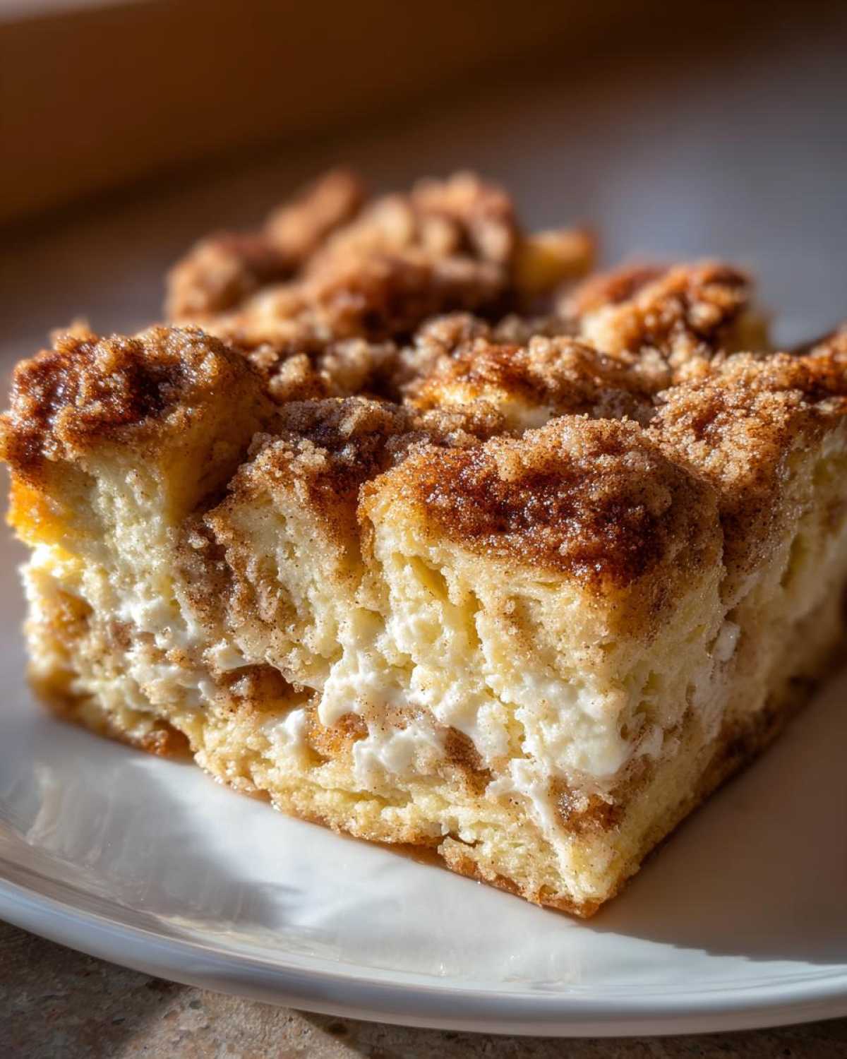 Close-up of a square piece of baked french toast with creamy filling and cinnamon streusel topping.