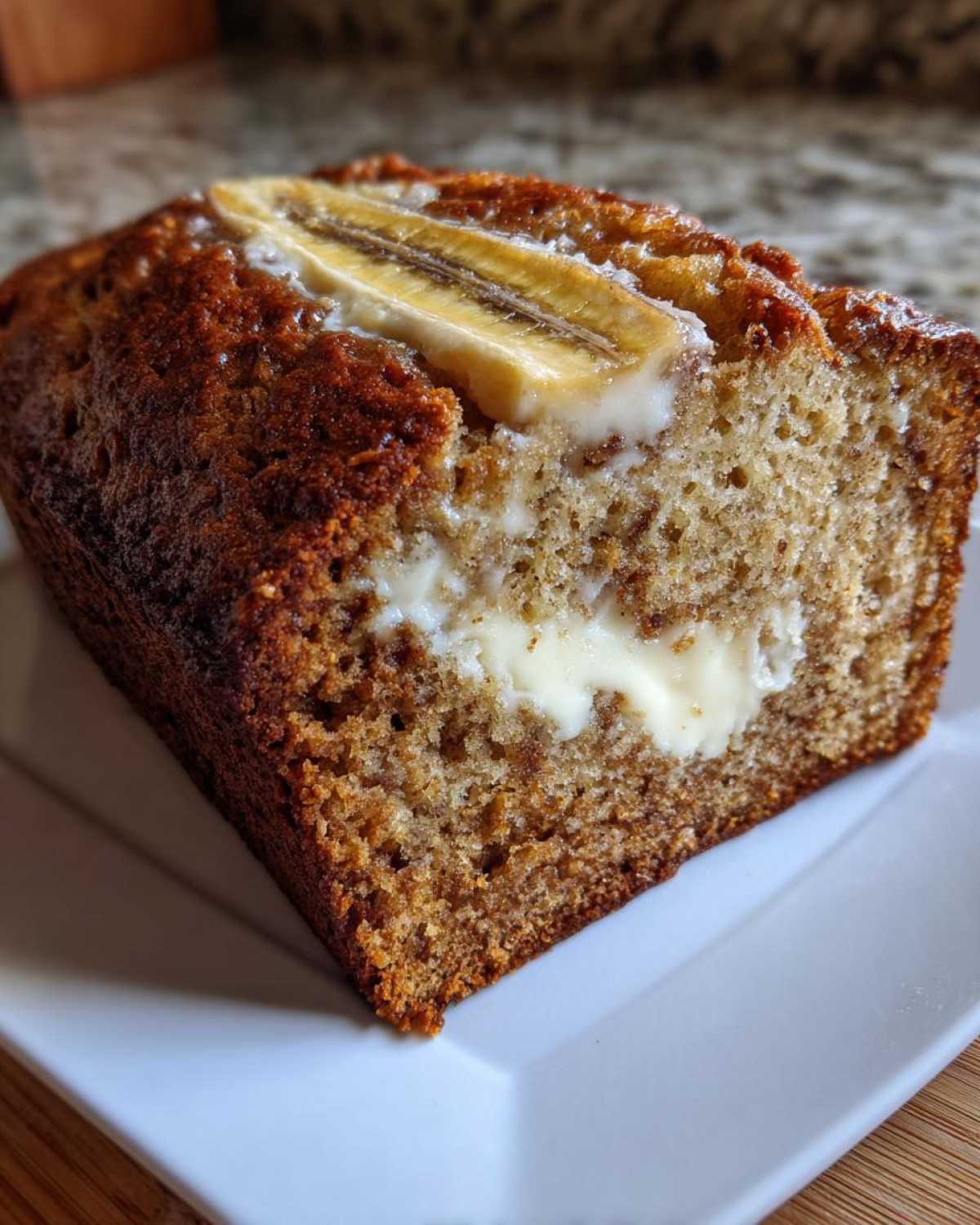 A slice of moist cream cheese banana bread featuring a visible cream cheese swirl and a banana slice on top.
