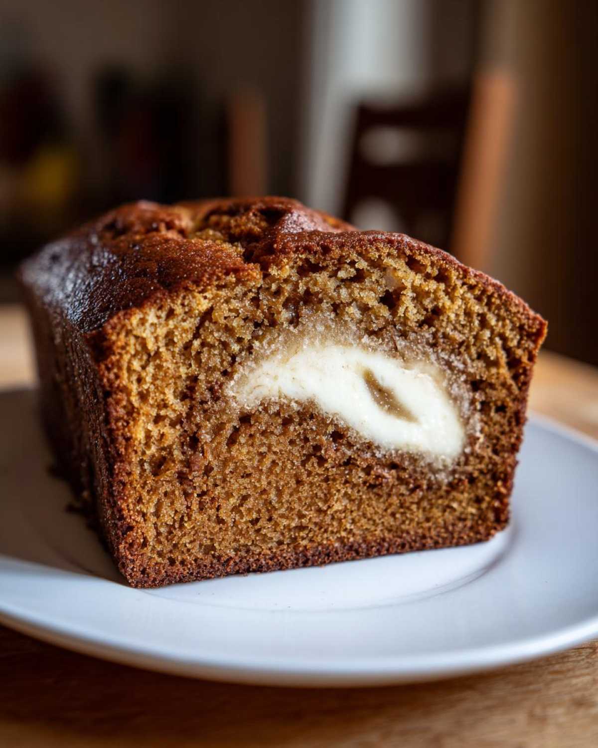 A close-up of a slice of moist cream cheese banana bread showing the rich brown crumb and a creamy white cream cheese swirl filling.