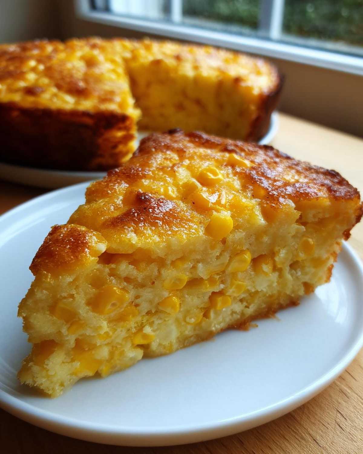 A close-up slice of moist cream cheese corn casserole, packed with corn kernels and featuring a golden, slightly caramelized top.