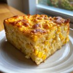 A square serving of moist cream cheese corn casserole featuring whole corn kernels and a golden-brown, slightly crispy top.
