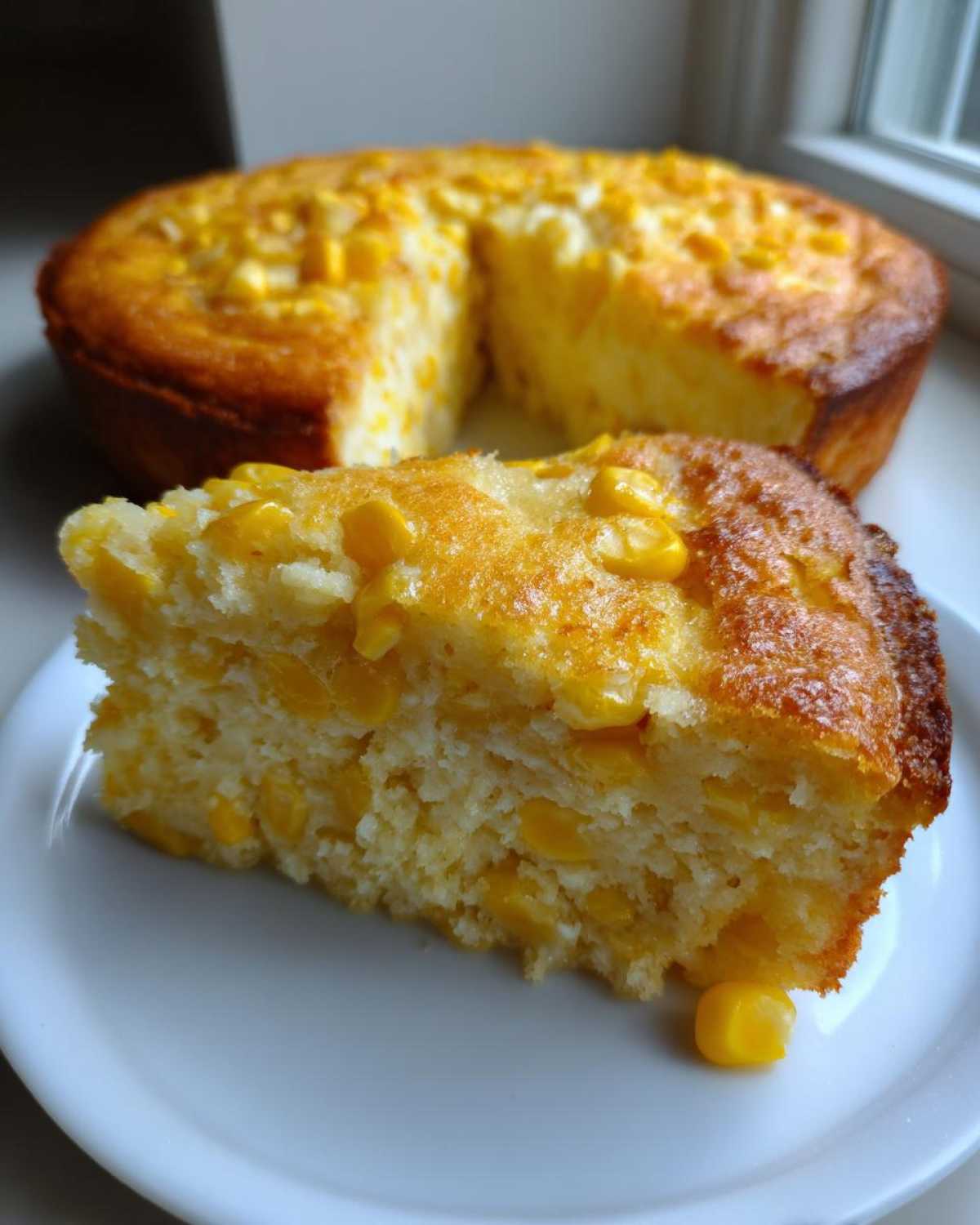 A close-up of a slice of moist cream cheese corn casserole with whole corn kernels, with the rest of the casserole in the background.