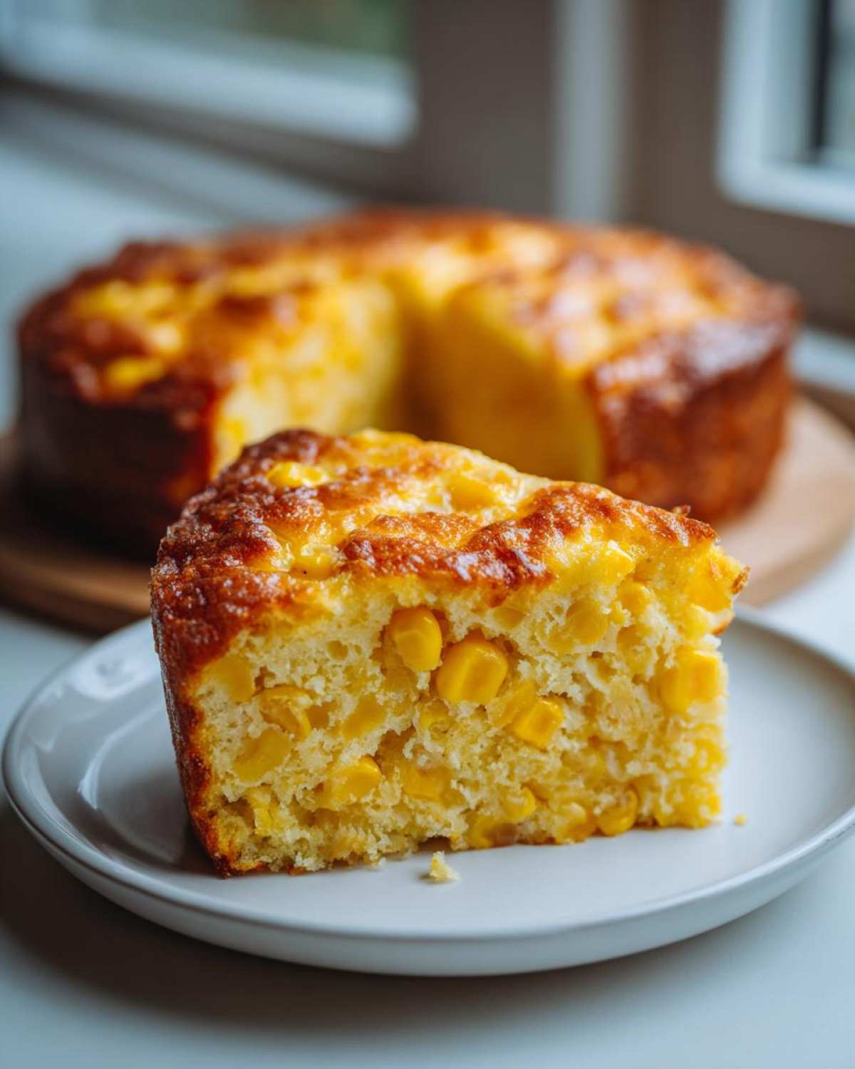 A close-up slice of moist cream cheese corn casserole packed with whole corn kernels, served on a white plate.