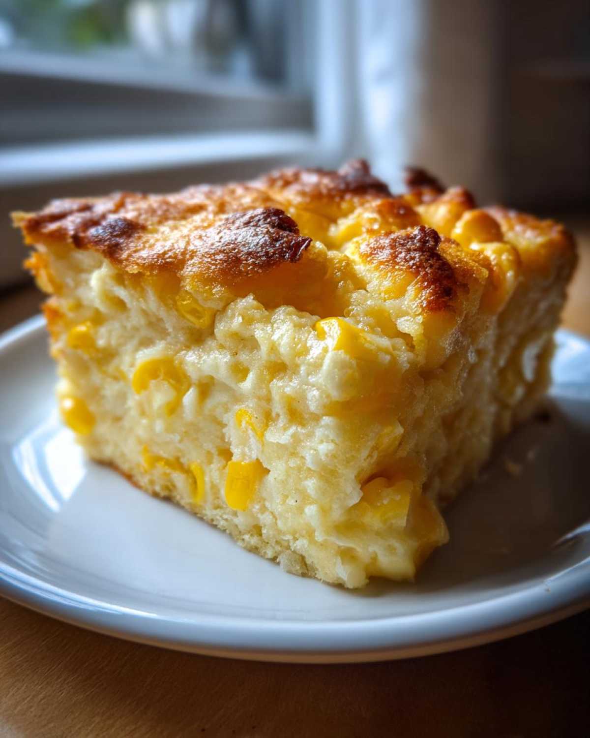 A square slice of moist cream cheese corn casserole with visible corn kernels and a golden-brown, slightly crusty top.