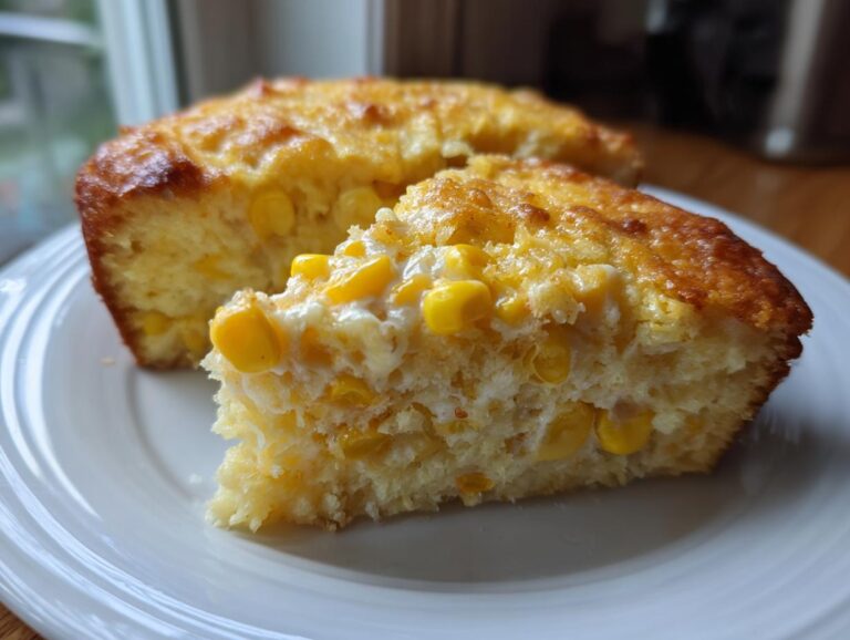 A close-up of a slice of moist cream cheese corn casserole showing whole corn kernels embedded in the yellow base.