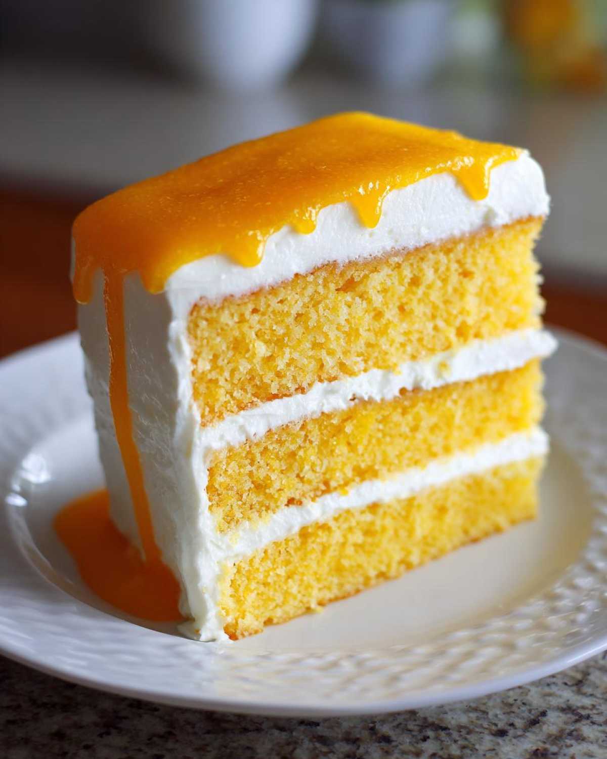 A tall slice of three-layer Creamsicle Cake featuring bright orange cake layers, white frosting, and an orange glaze dripping down the side.