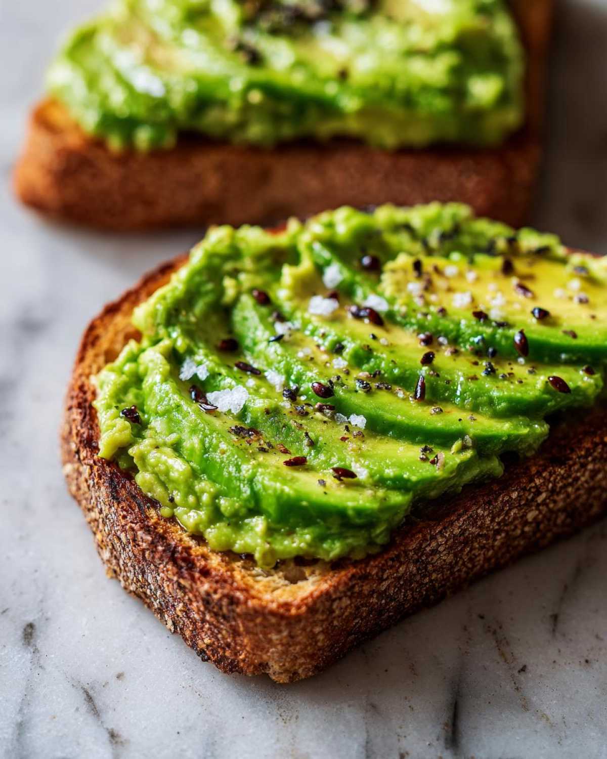 Close-up of creamy avocado toast topped with flaky salt and cracked pepper on marble.