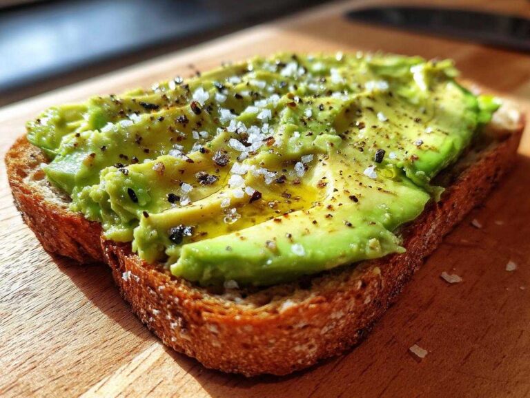 Close-up of creamy avocado toast topped with flaky sea salt and cracked black pepper.