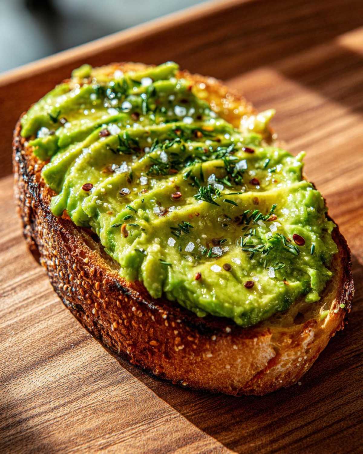 Close-up of creamy avocado toast topped with flaky sea salt and fresh green herbs on a wooden board.