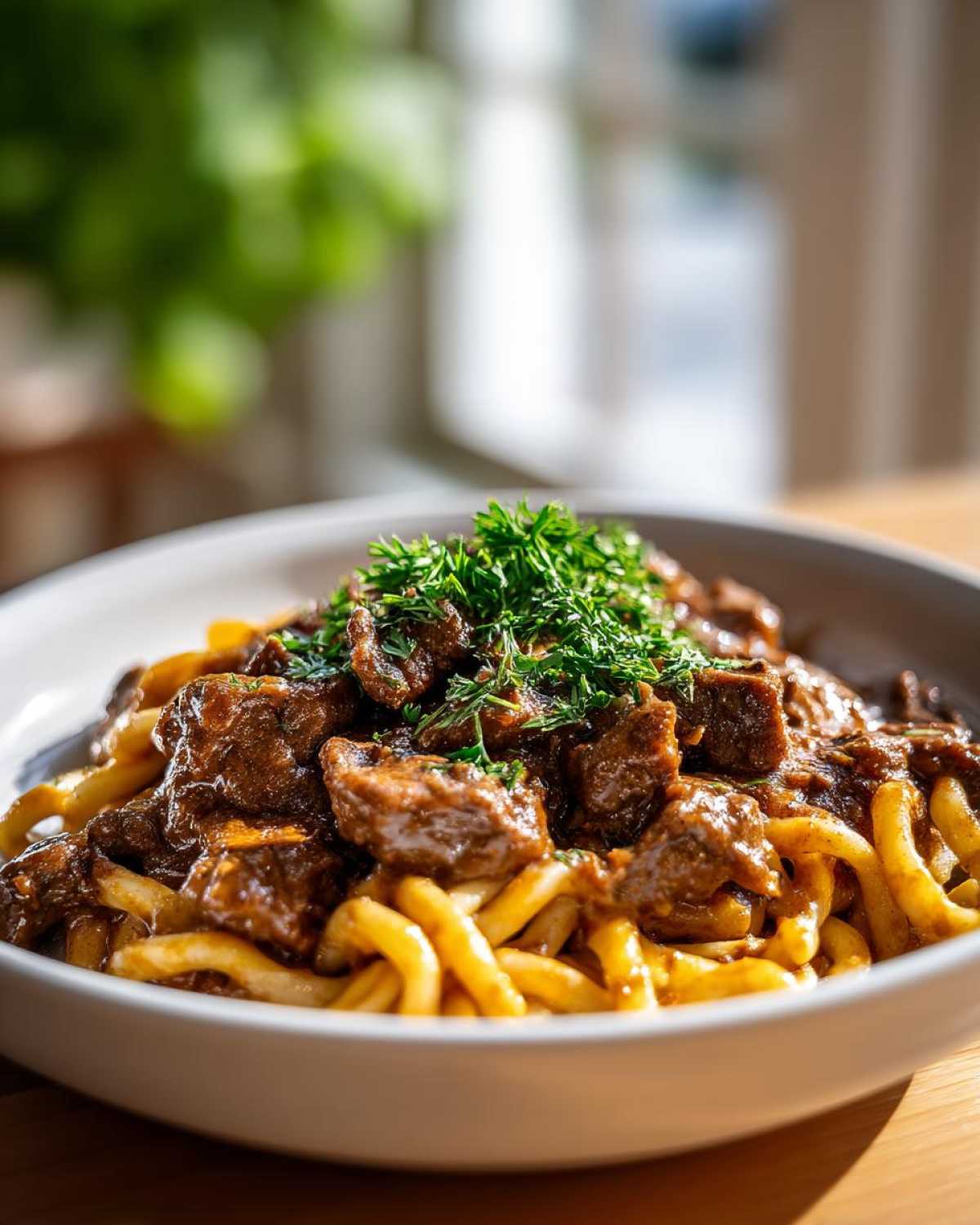 Close-up of a bowl of creamy beef pasta topped with chunks of slow-cooked beef and fresh dill.