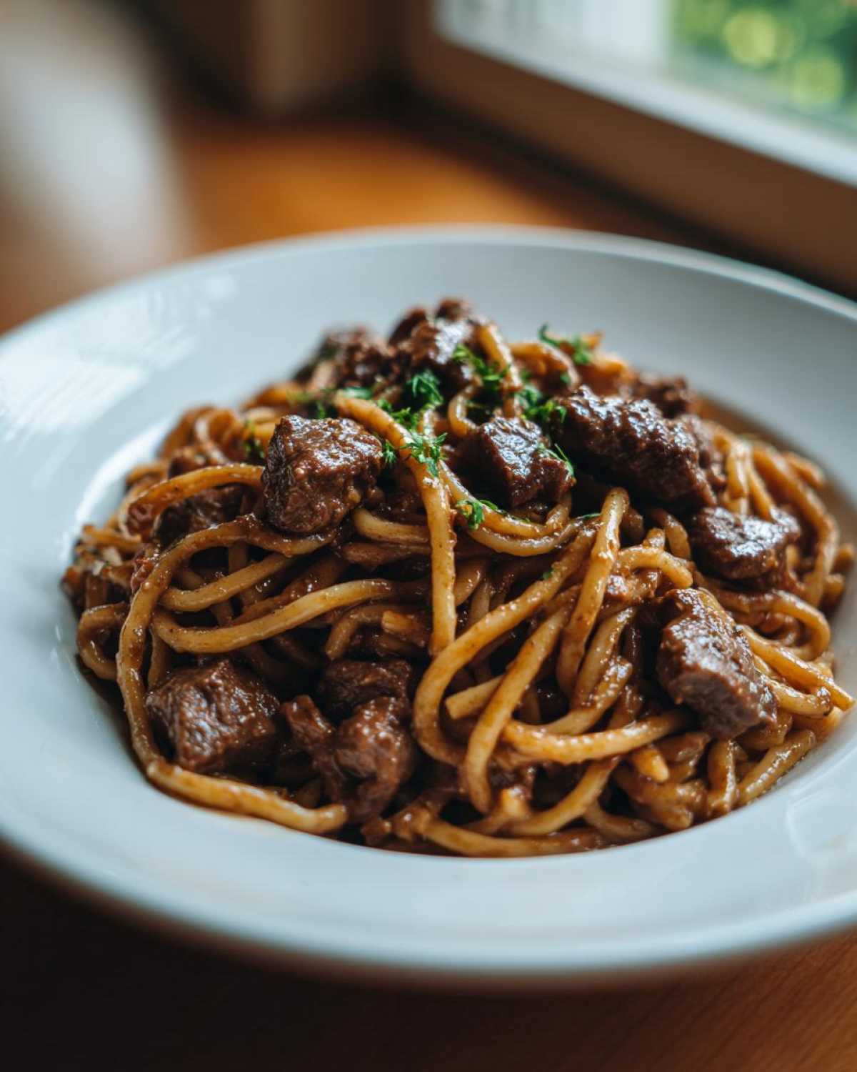Close-up of a white bowl filled with rich, saucy creamy beef pasta topped with diced beef chunks and fresh parsley.