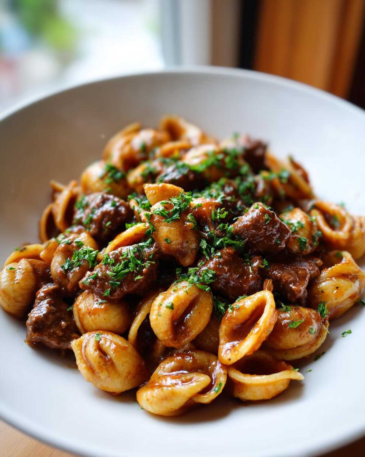 Close-up of creamy beef pasta featuring chunks of beef and orecchiette pasta, garnished with fresh parsley.