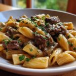 Close-up of a bowl filled with creamy beef pasta, featuring short tube pasta, chunks of beef, and fresh parsley garnish.