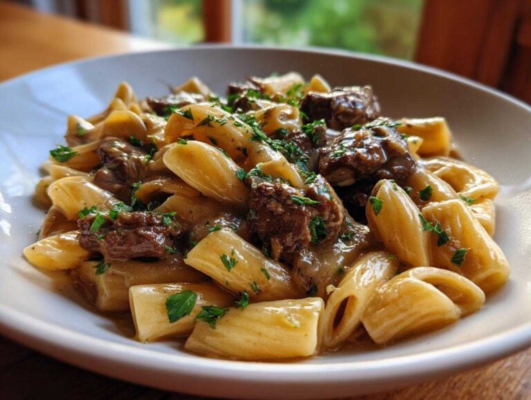 Close-up of a bowl filled with creamy beef pasta, featuring short tube pasta, chunks of beef, and fresh parsley garnish.