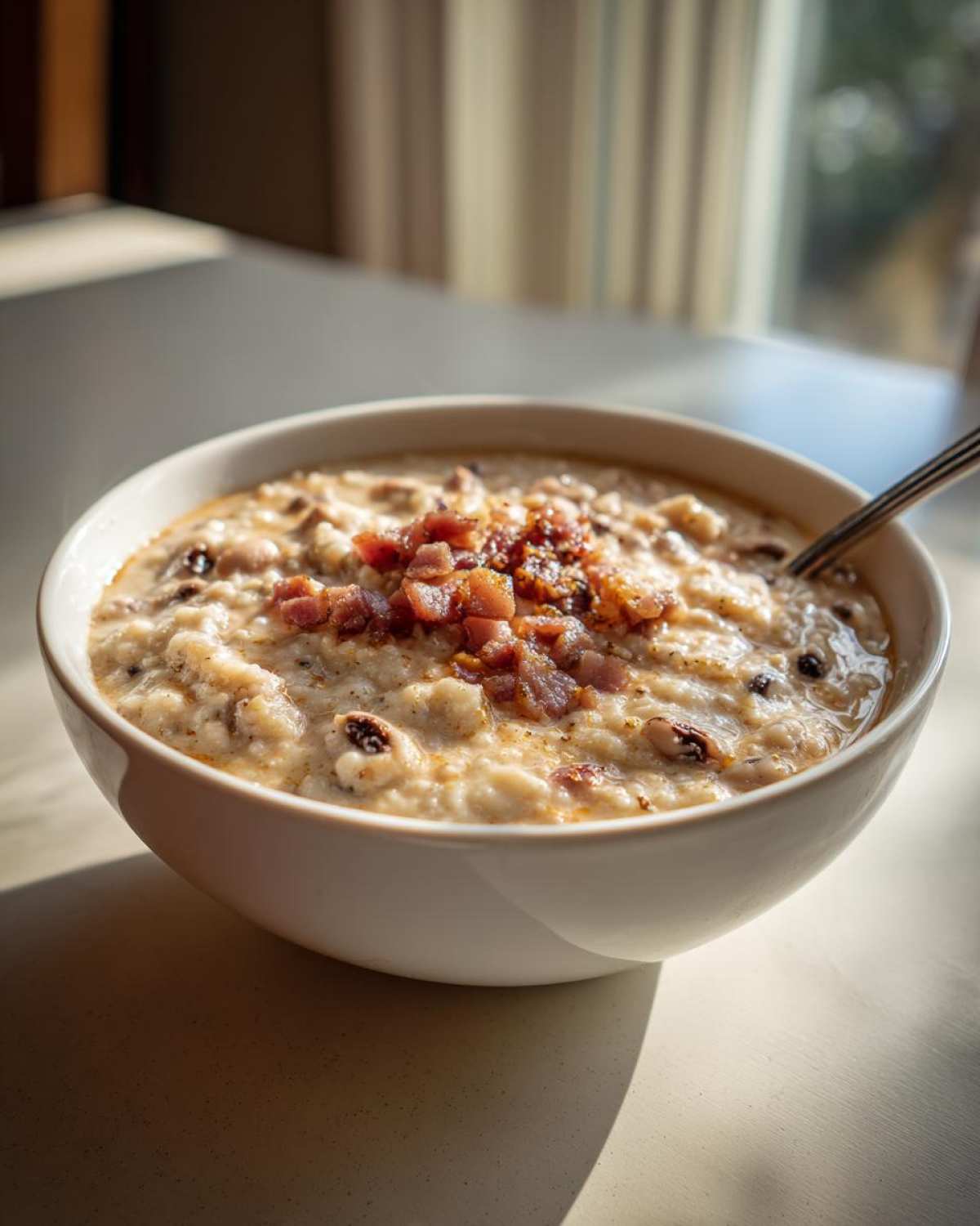A white bowl filled with creamy black eyed peas topped with crispy bacon bits, served with a spoon.