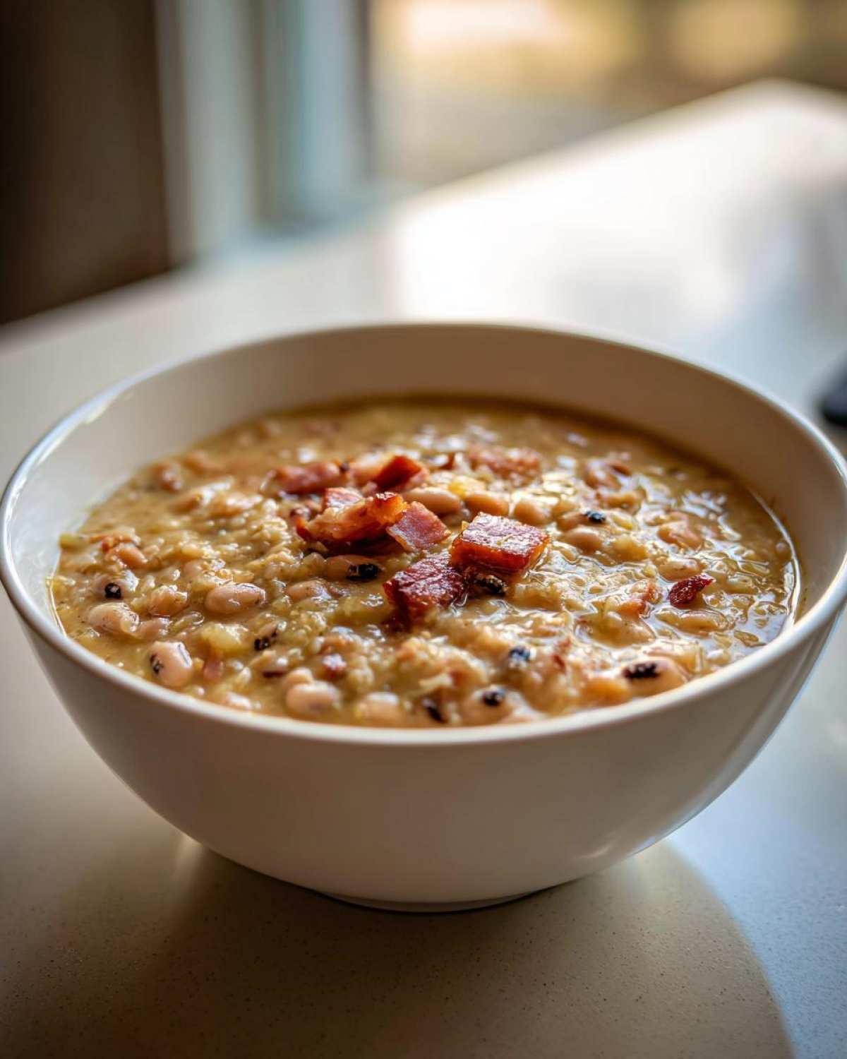 Close-up of a white bowl filled with creamy black eyed peas and topped with crispy bacon pieces.