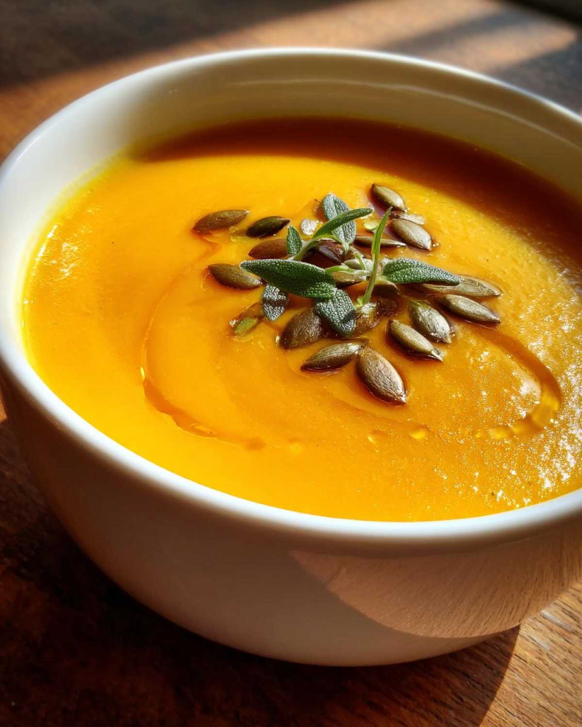 A close-up of creamy butternut squash soup in a white bowl, topped with toasted pumpkin seeds and fresh sage.