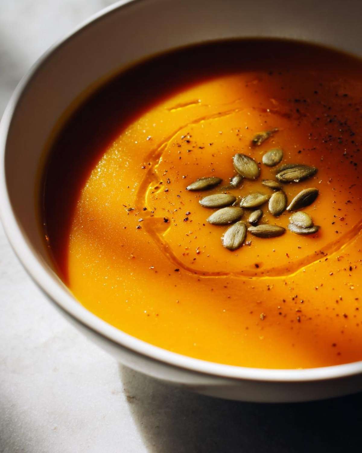 Close-up of creamy butternut squash soup garnished with pumpkin seeds and a swirl of oil.