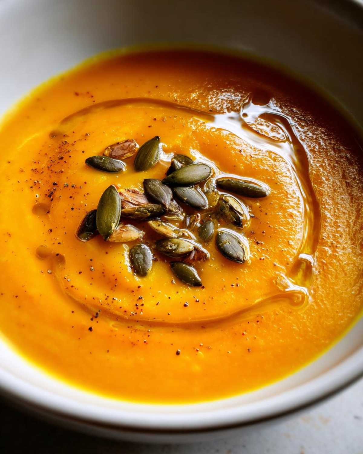 Close-up of creamy, vibrant orange butternut squash soup garnished with toasted pumpkin seeds and a swirl of oil.