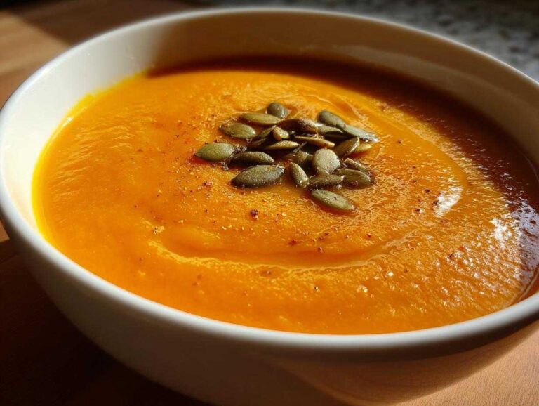Close-up of a bowl of vibrant orange, creamy butternut squash soup garnished with toasted pumpkin seeds.