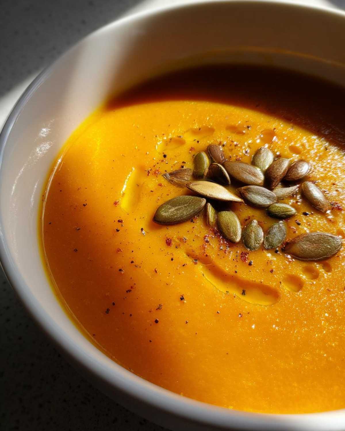 Close-up of creamy butternut squash soup garnished with toasted pumpkin seeds and a swirl of oil.