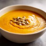 Close-up of a bowl of vibrant orange, creamy butternut squash soup garnished with toasted pumpkin seeds.