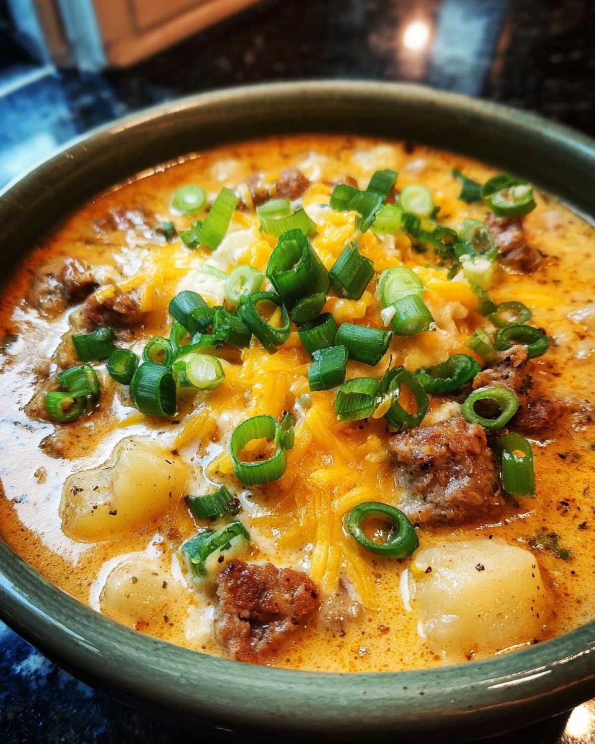 Close-up of a rich bowl of Cajun potato soup loaded with chunks of potato, sausage, melted cheese, and fresh green onions.