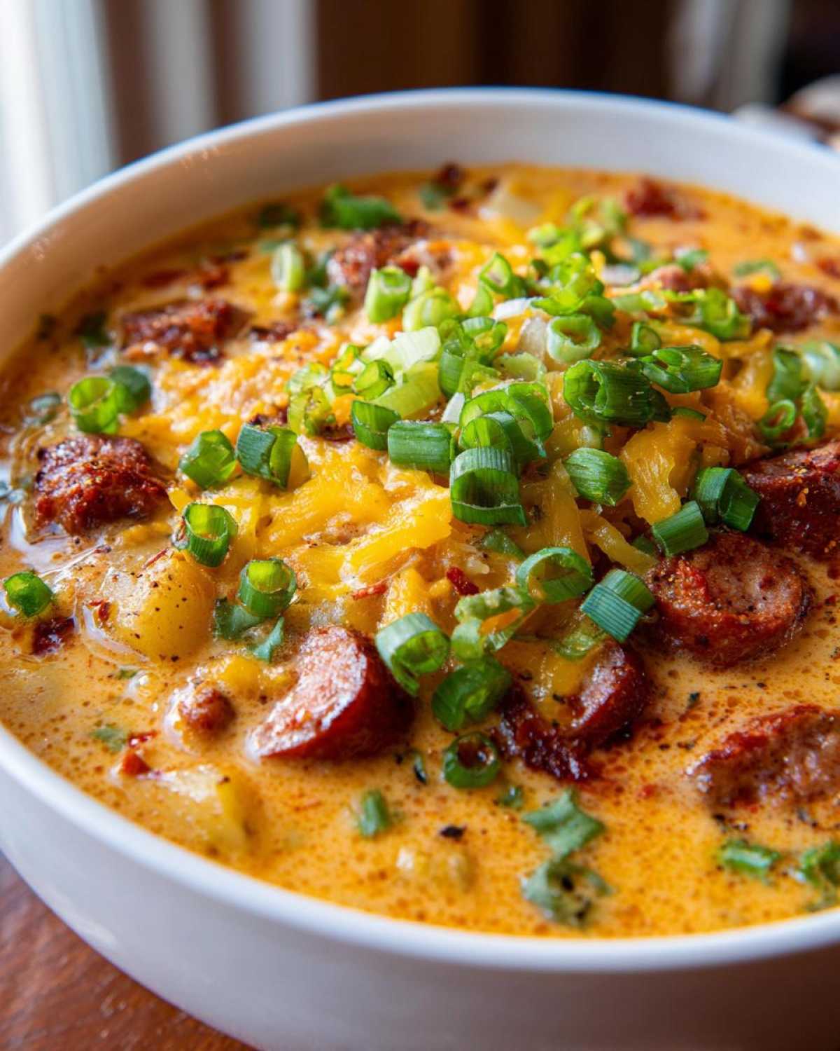 Close-up of a bowl of creamy Cajun potato soup topped with sliced sausage, melted cheddar cheese, and fresh green onions.