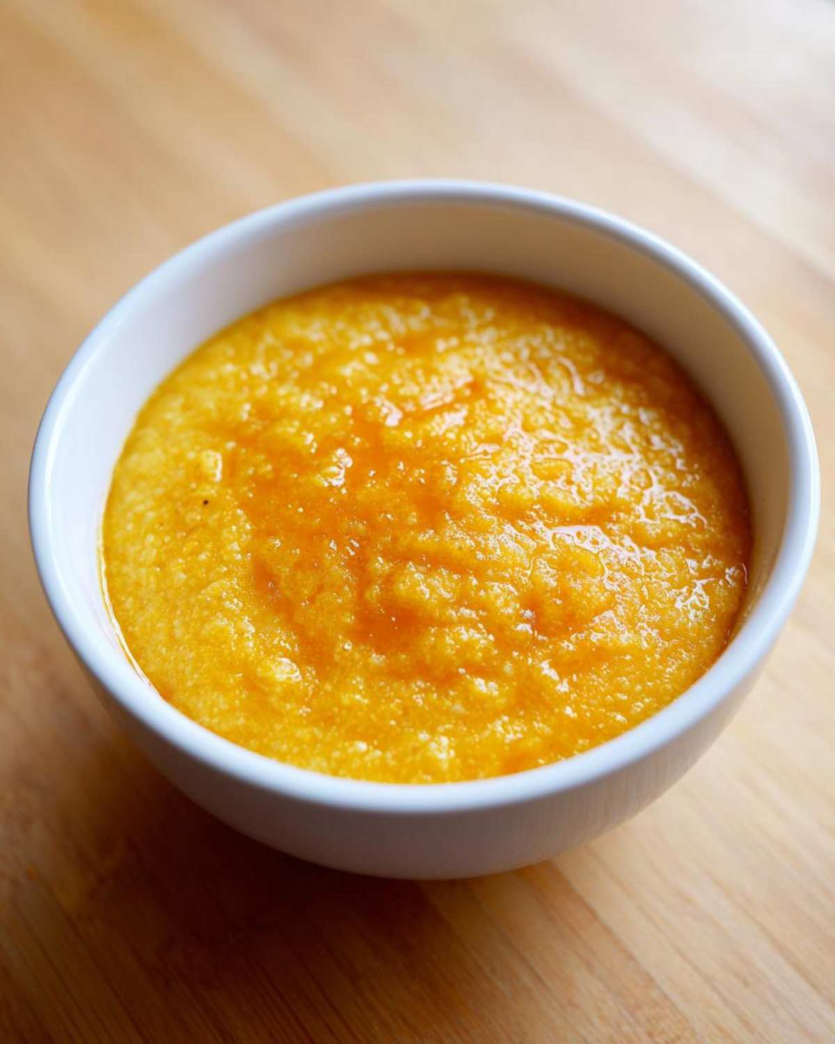 Close-up of a white bowl filled with rich, orange, creamy cheese grits sitting on a light wooden surface.