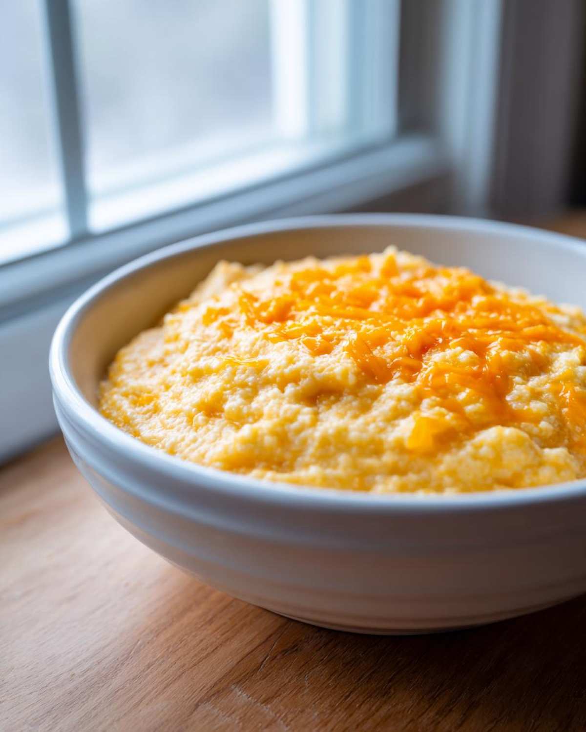 A white bowl filled with creamy, yellow cheese grits topped with melted shredded cheddar cheese.