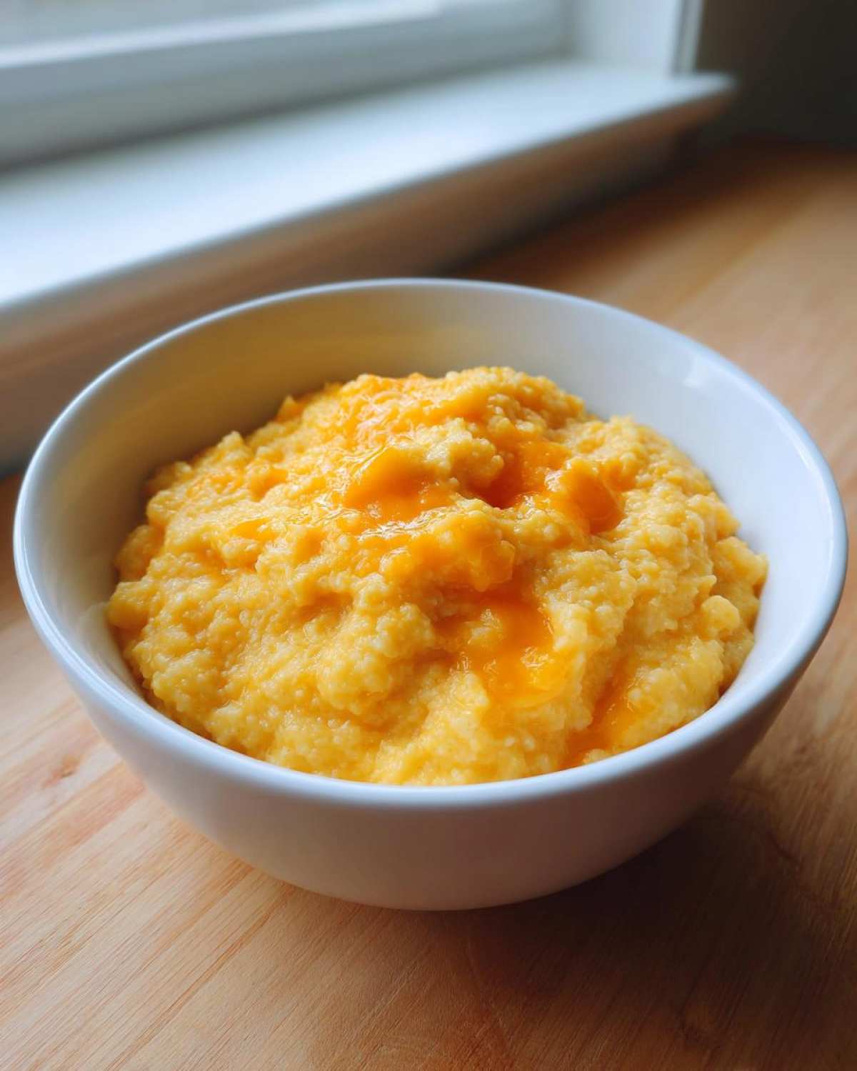 A white bowl filled with creamy, bright yellow cheese grits topped with melted cheddar cheese.