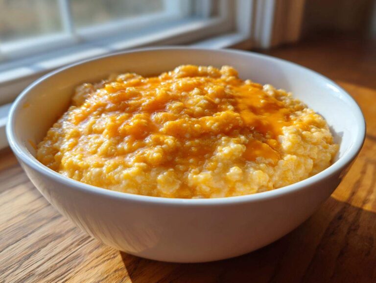 Master 1 amazing creamy cheese grits secret A close-up shot of a white bowl filled with creamy cheese grits topped with melted cheddar cheese.