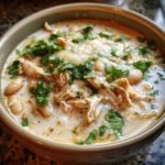 Close-up of a bowl of creamy white chicken chili with shredded chicken, white beans, melted cheese, and fresh cilantro.