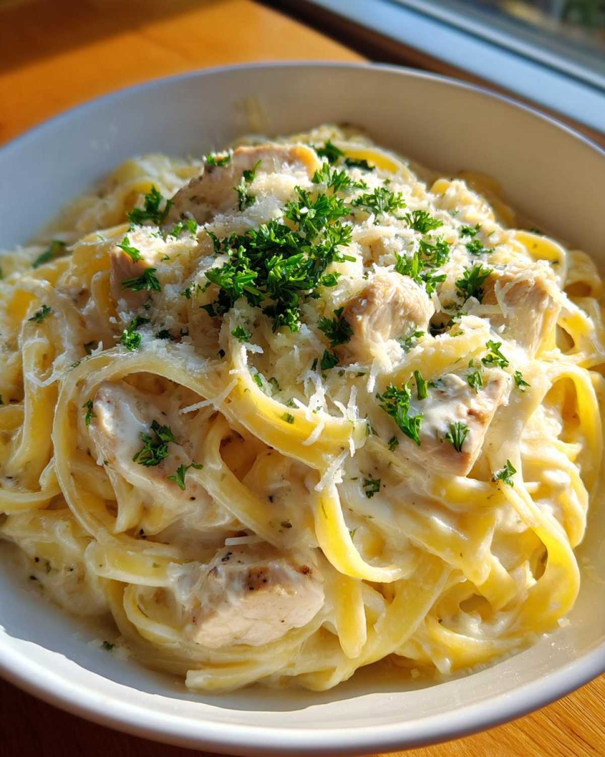 Close-up of a bowl filled with creamy chicken fettuccine alfredo, topped with grated Parmesan and fresh parsley.